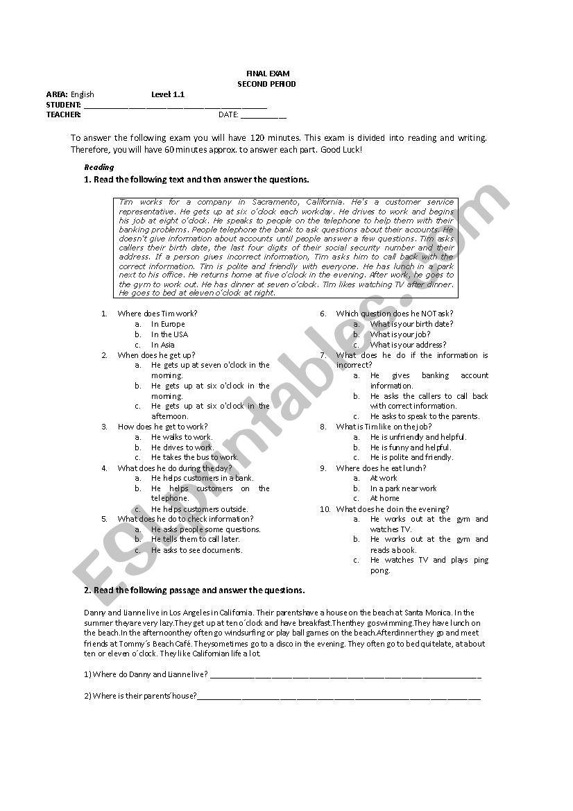 Beginners Test worksheet