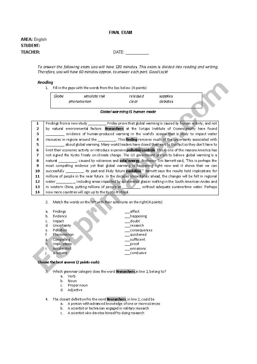 Intermediate Test worksheet