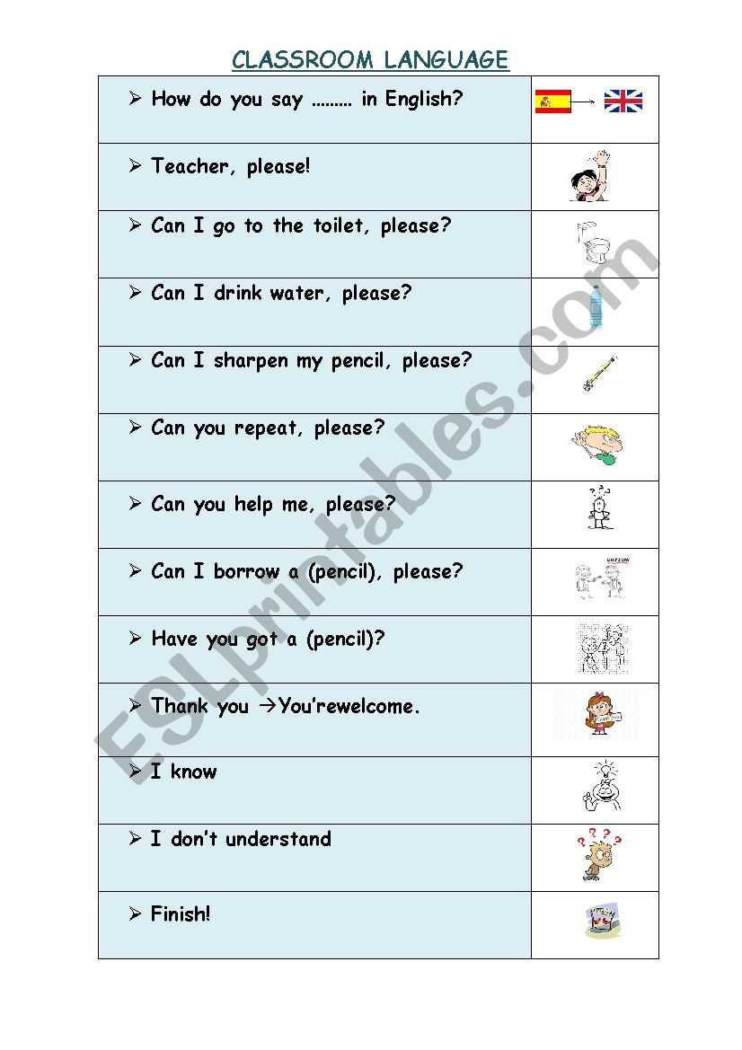 Classroom language worksheet