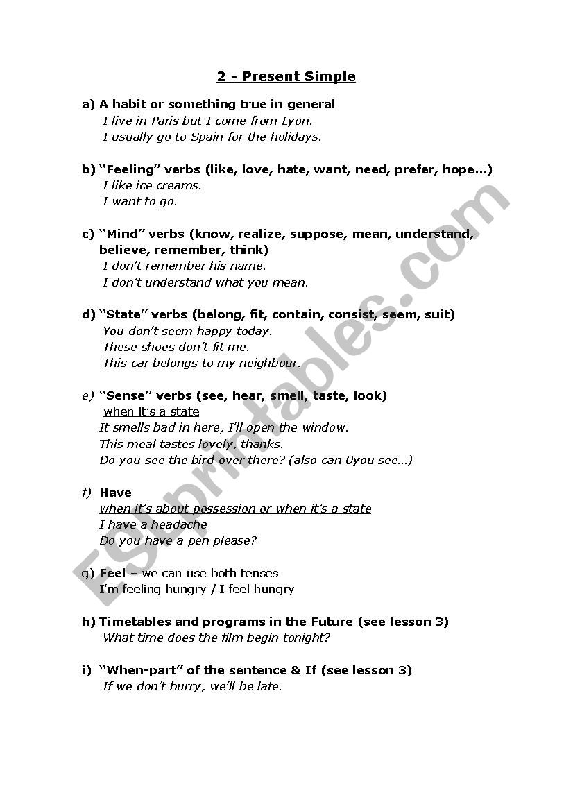 When to use the Present Simple - Summary Sheet