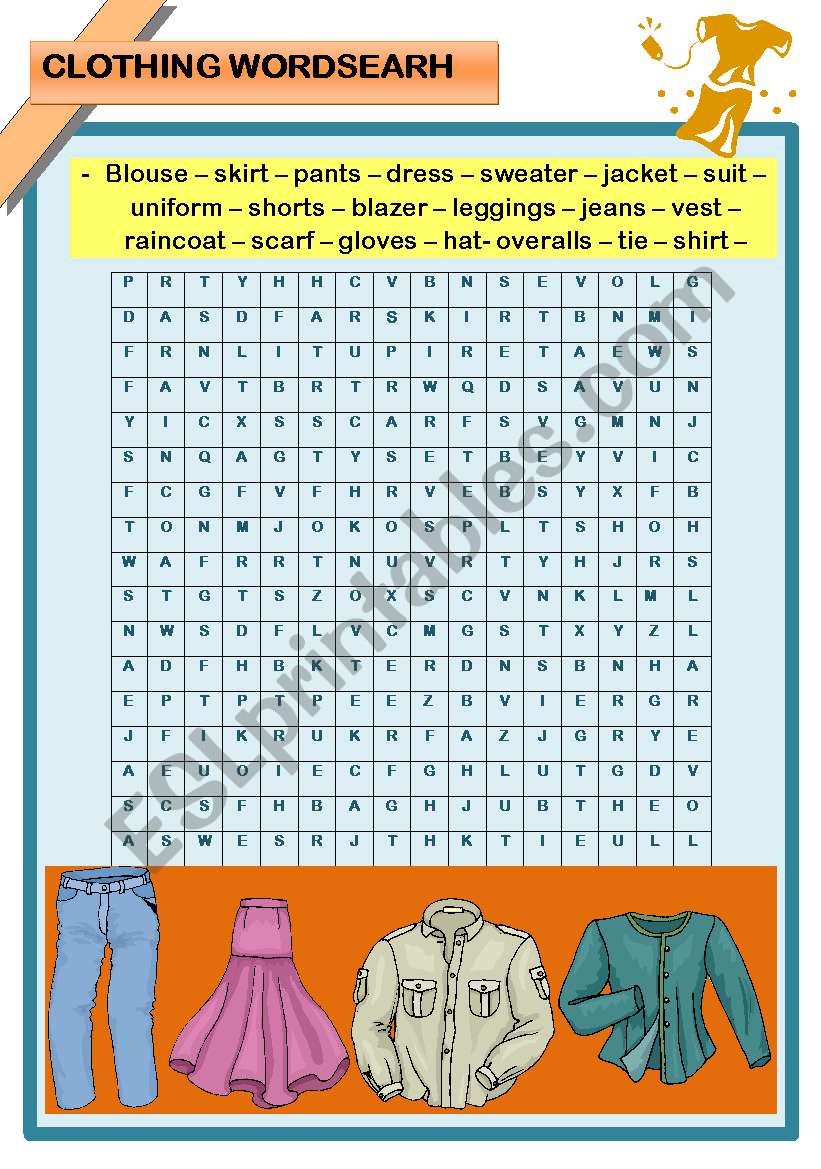 Clothing wordsearch worksheet