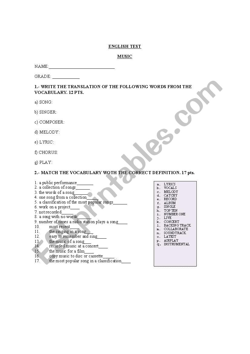 TEST ABOUT MUSIC worksheet