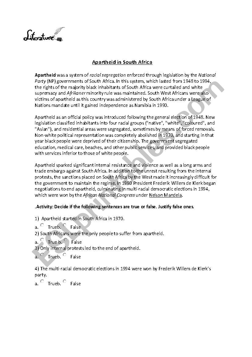 Apartheid in South Africa worksheet