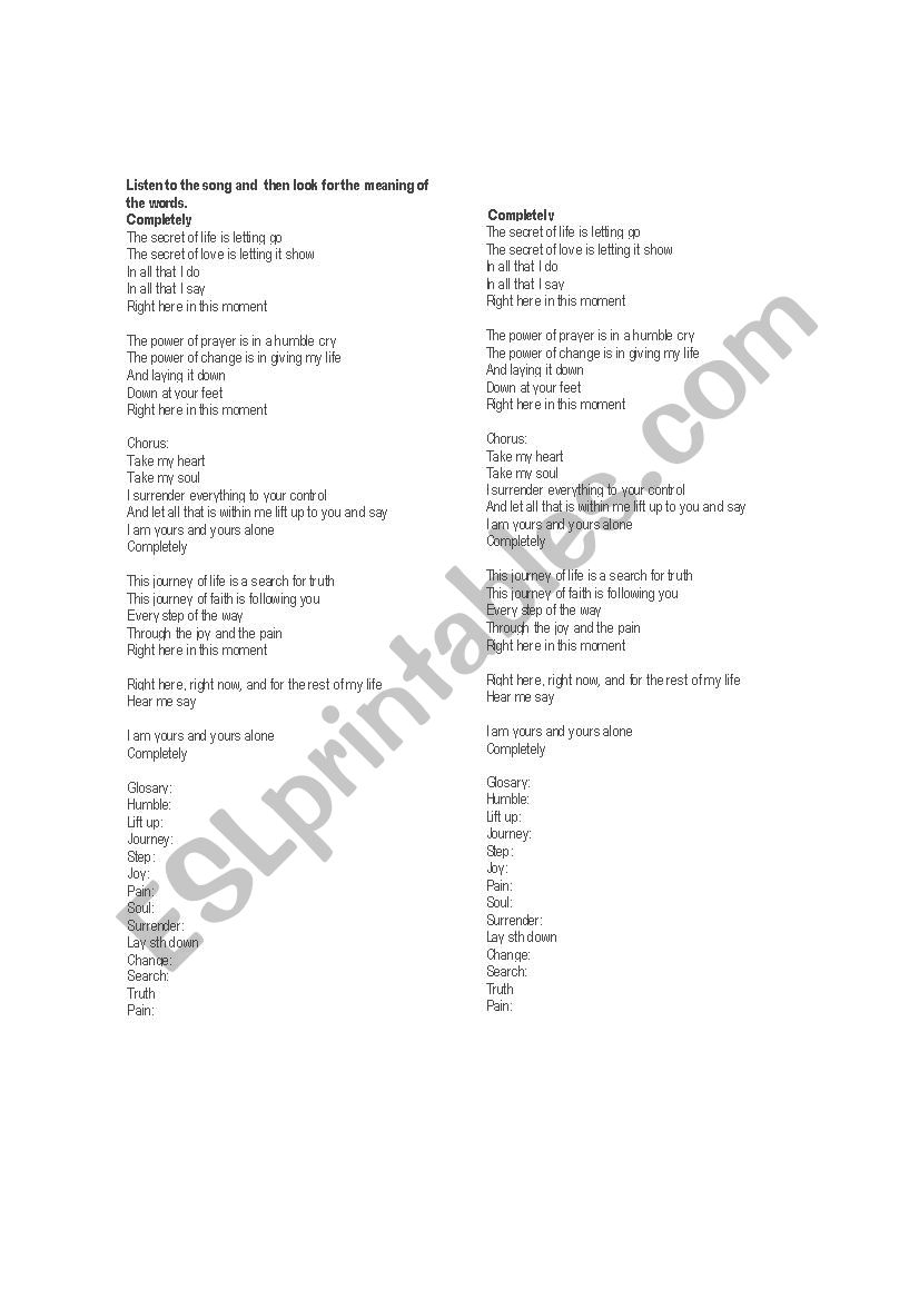 song  worksheet