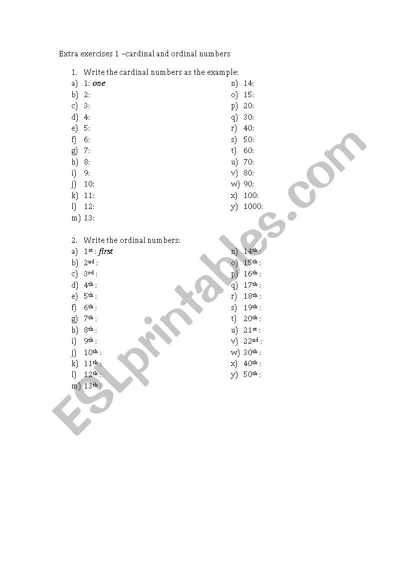 cardinal and ordinal numbers worksheet