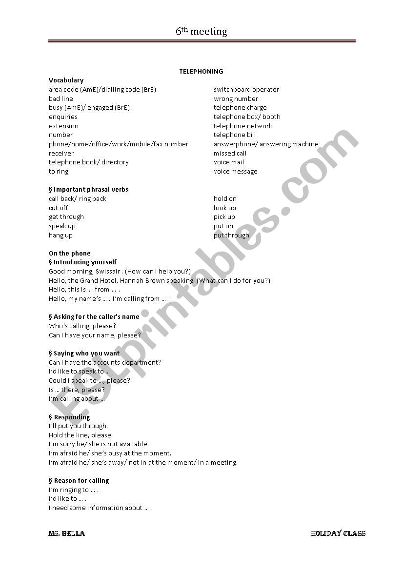 Telephoning worksheet