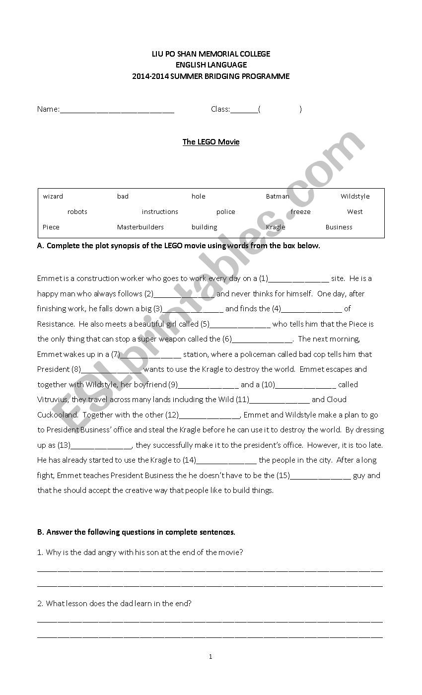 The LEGO Movie worksheet