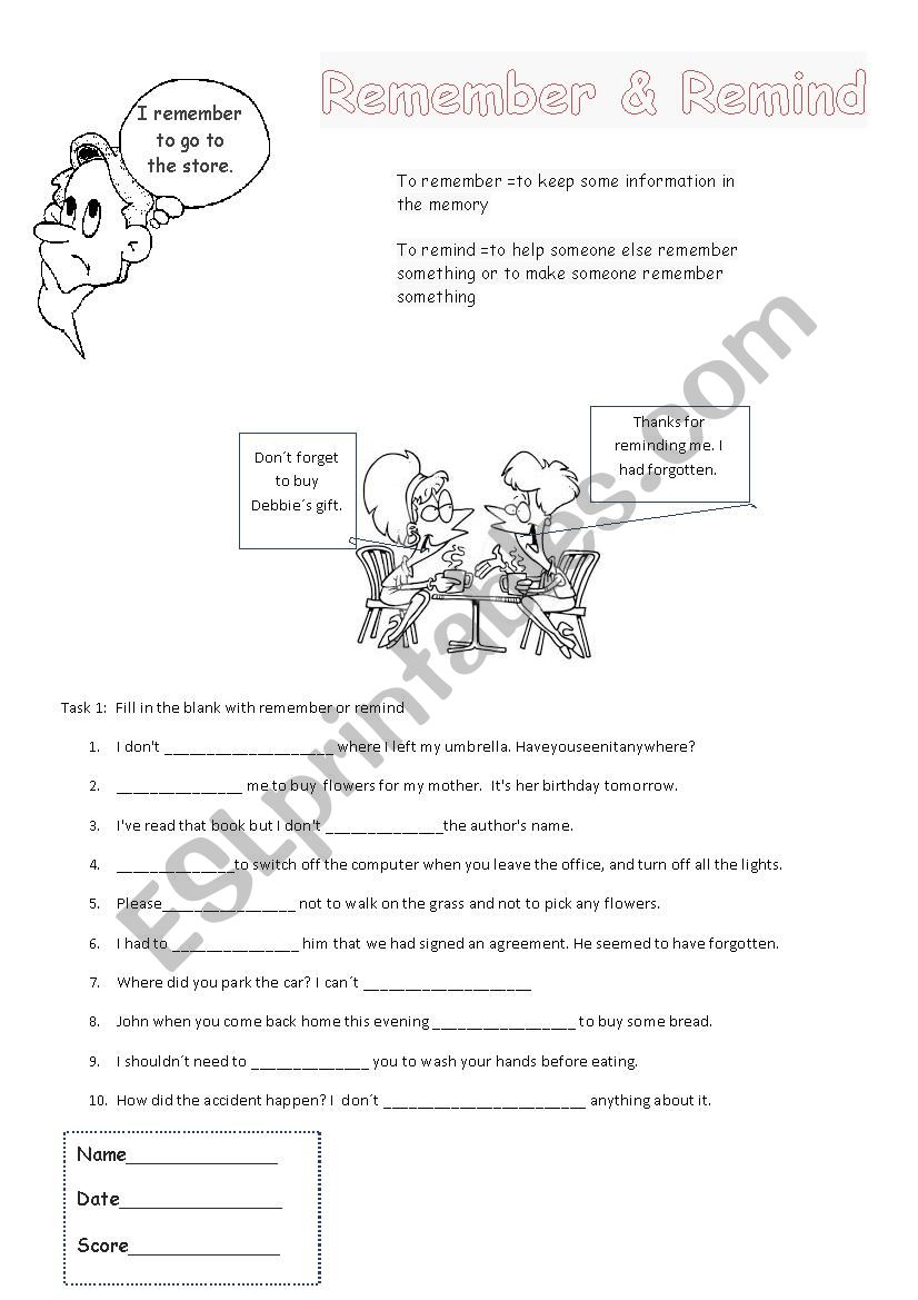 Remember & Remeind worksheet