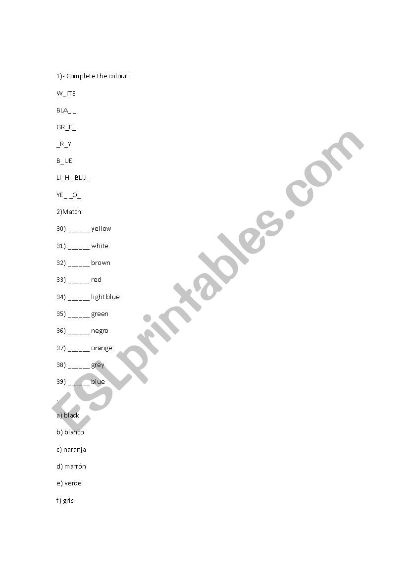 Colours worksheet