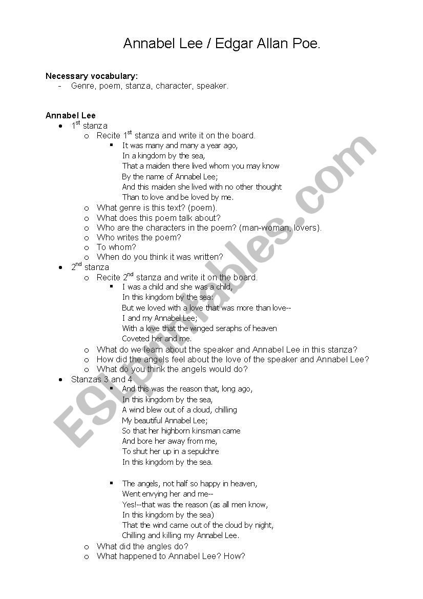 Annabel Lee by Edgar Allan Poe Lesson Plan