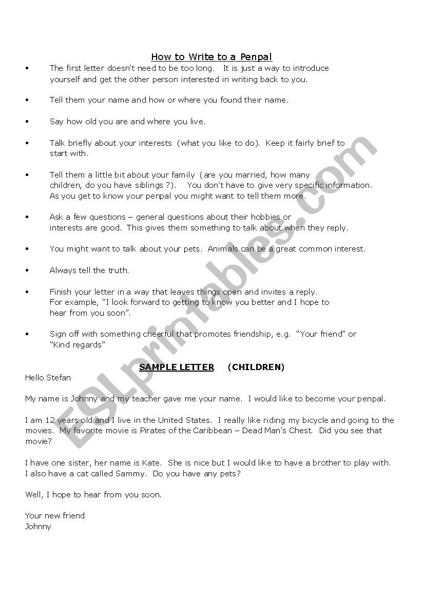 Penpal letter worksheet