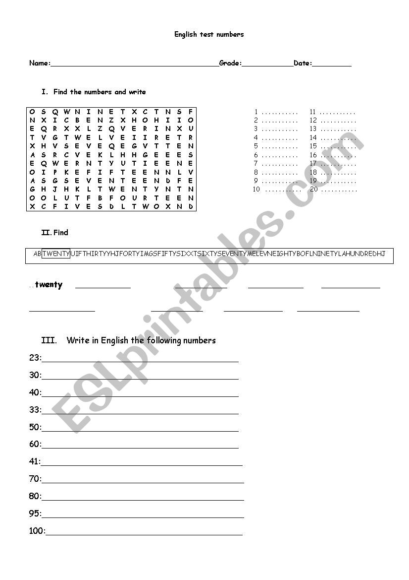 test number 1-100 worksheet