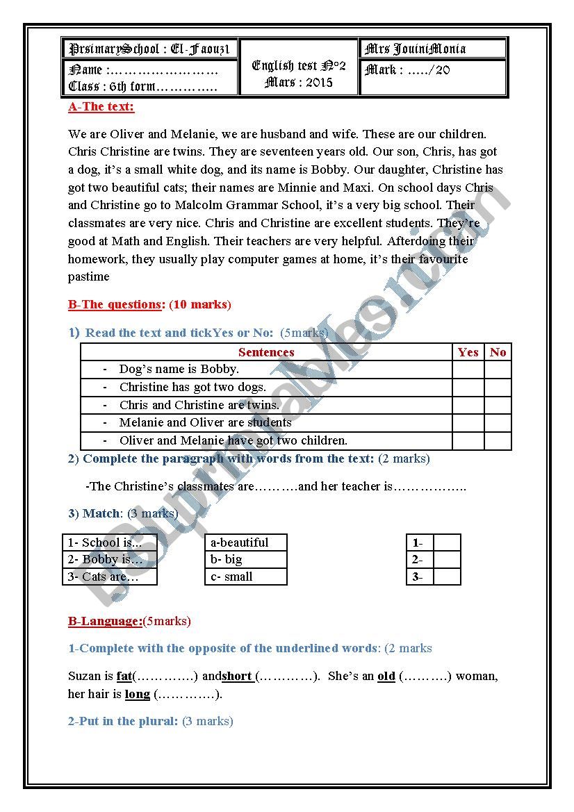 primary school test n°2 - ESL worksheet by mony123