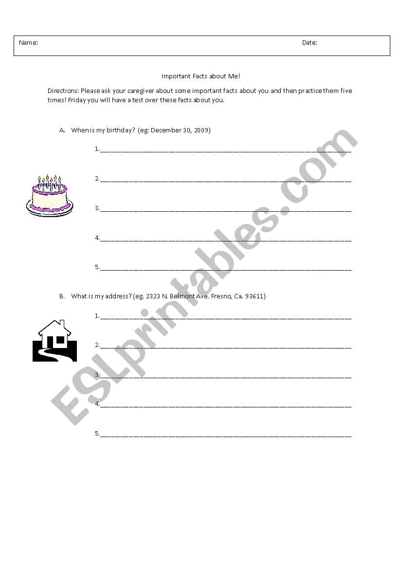 Important Facts About Me worksheet
