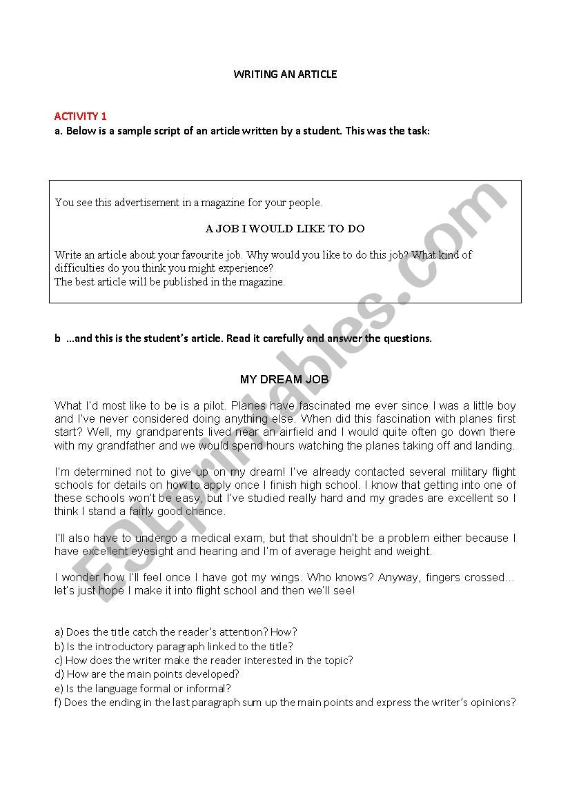 Writing an article - FCE Exam worksheet