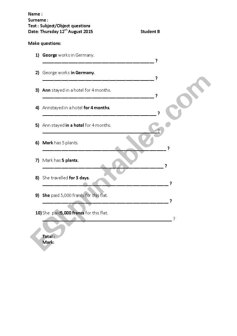 Object question worksheet