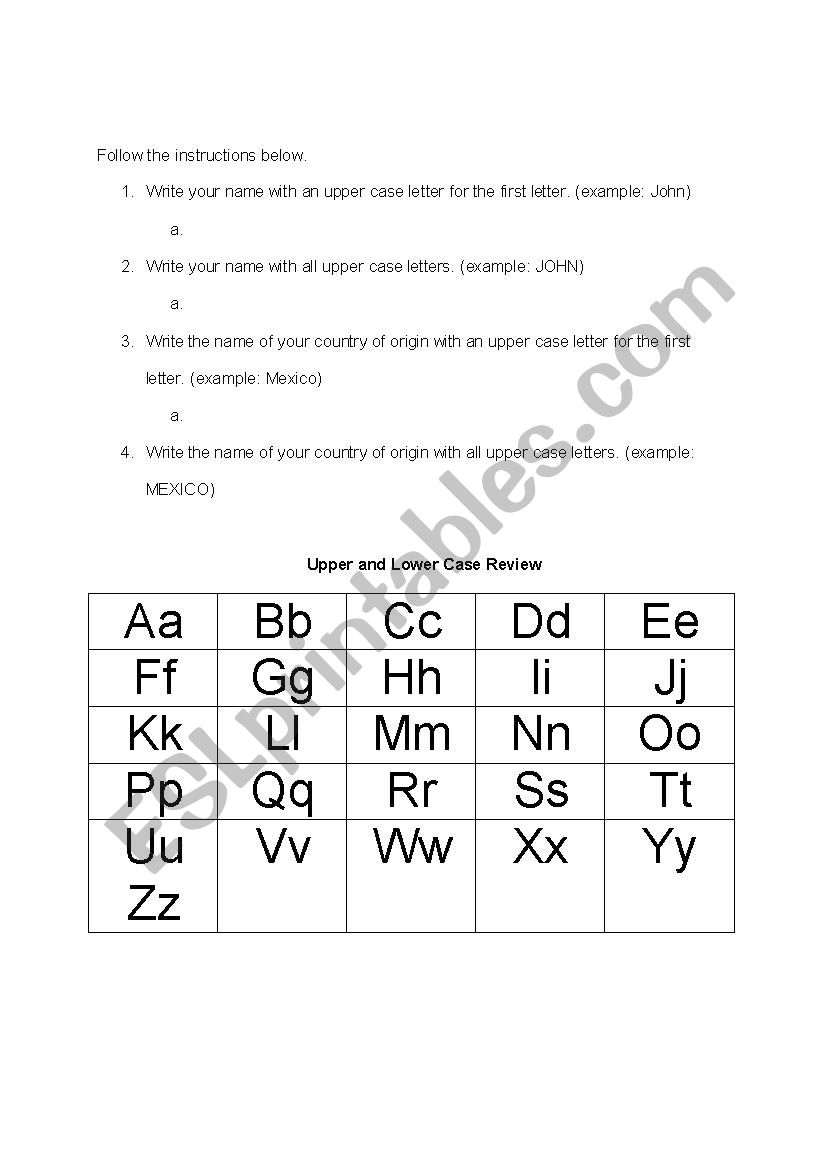 Upper and Lower Case Practice worksheet