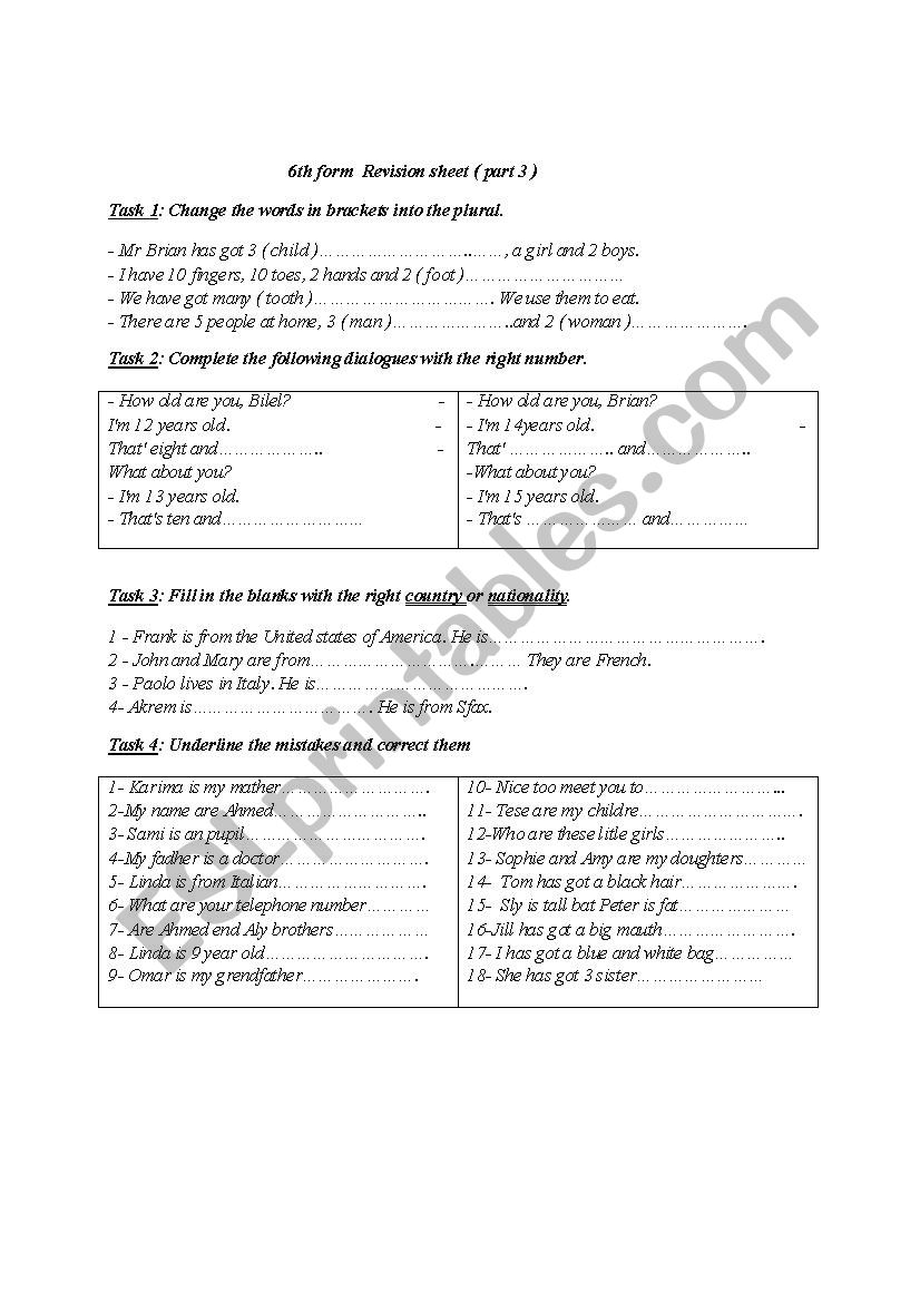 irregular plural/ numbers/ countries and nationality