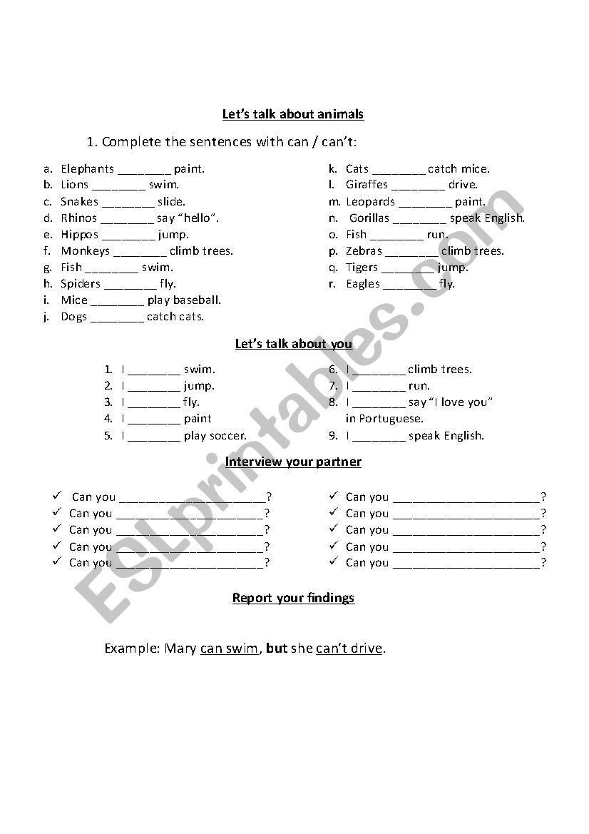 Exercises of can and cant topic animals