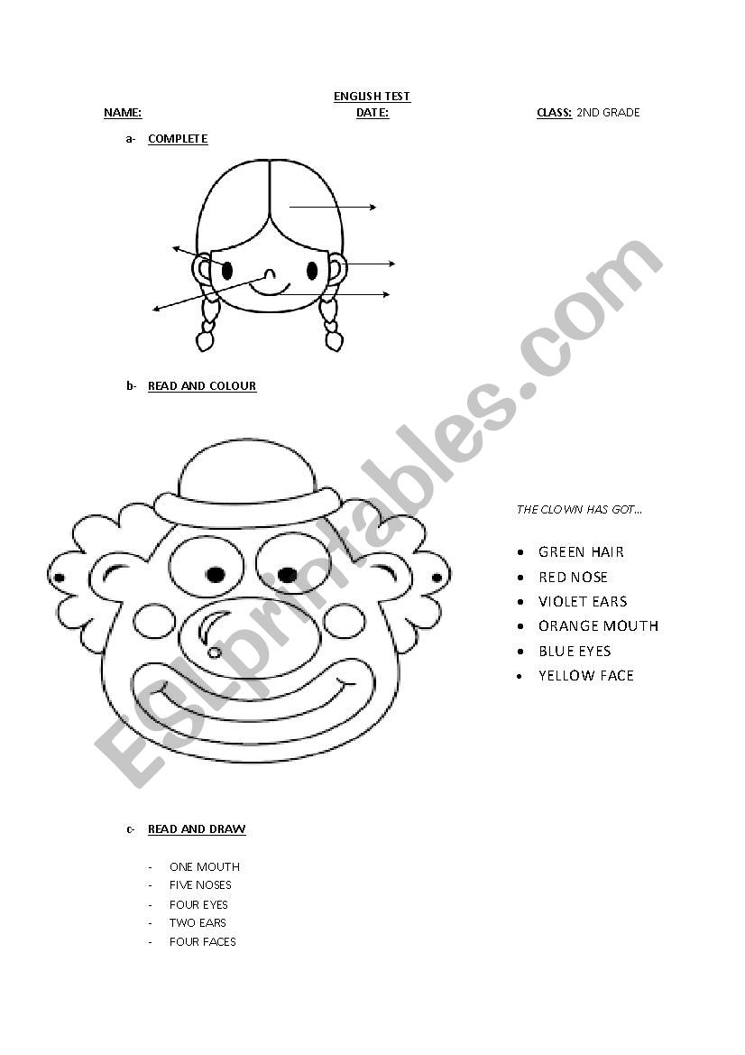 Parts of the Face worksheet