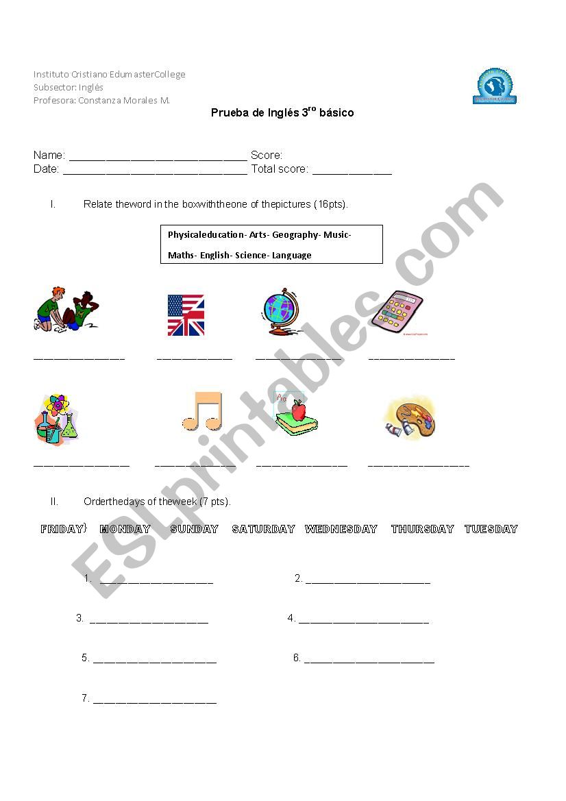 school subjects test worksheet