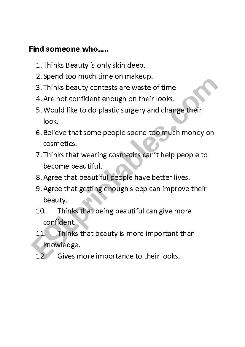 beauty discussion worksheet