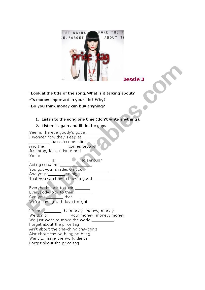 Price Tag, Jessie J worksheet