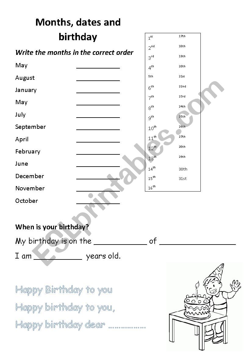Months, dates and birthday worksheet