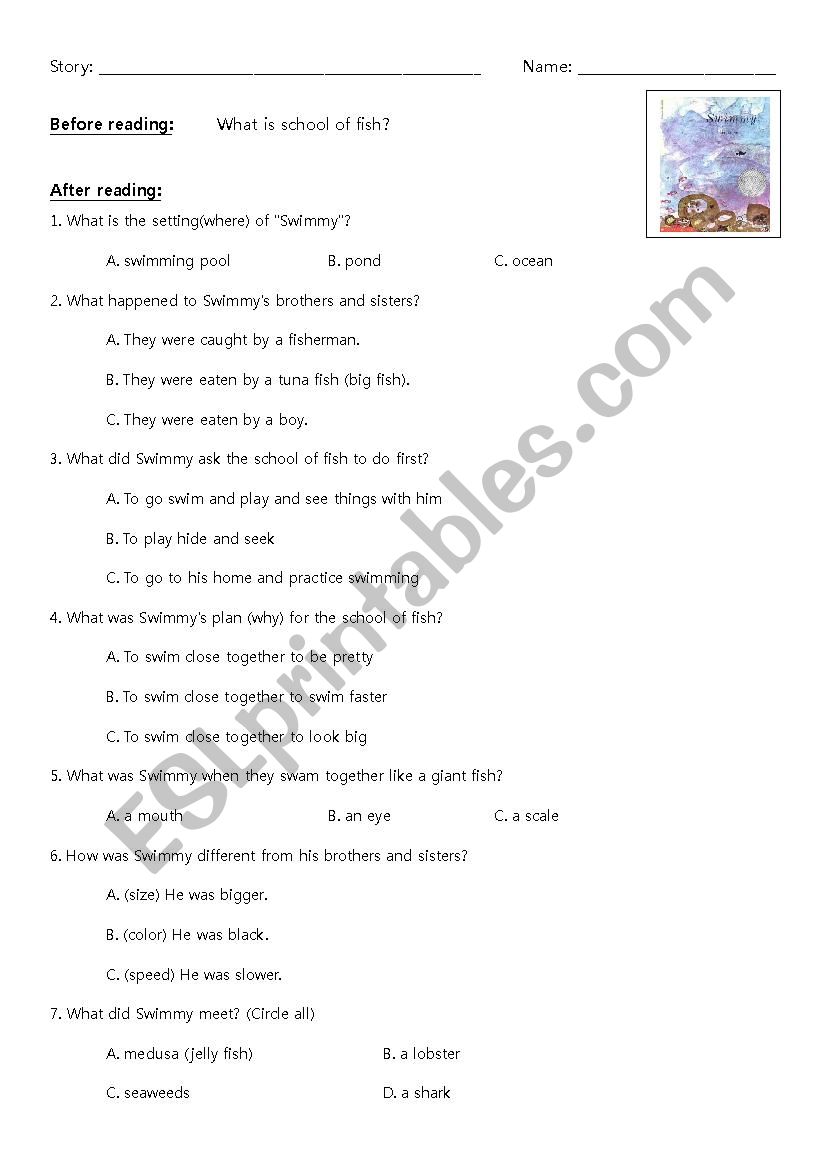 Swimmy comprehension worksheet