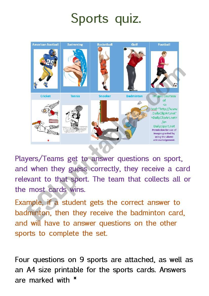 Sports Quiz Collect The Cards Esl
