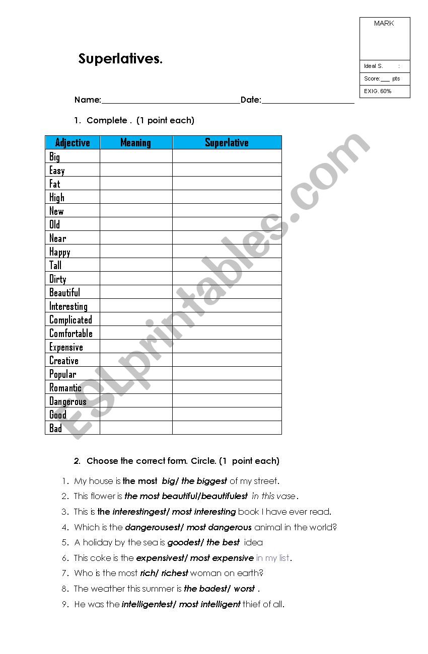 Superlatives worksheet