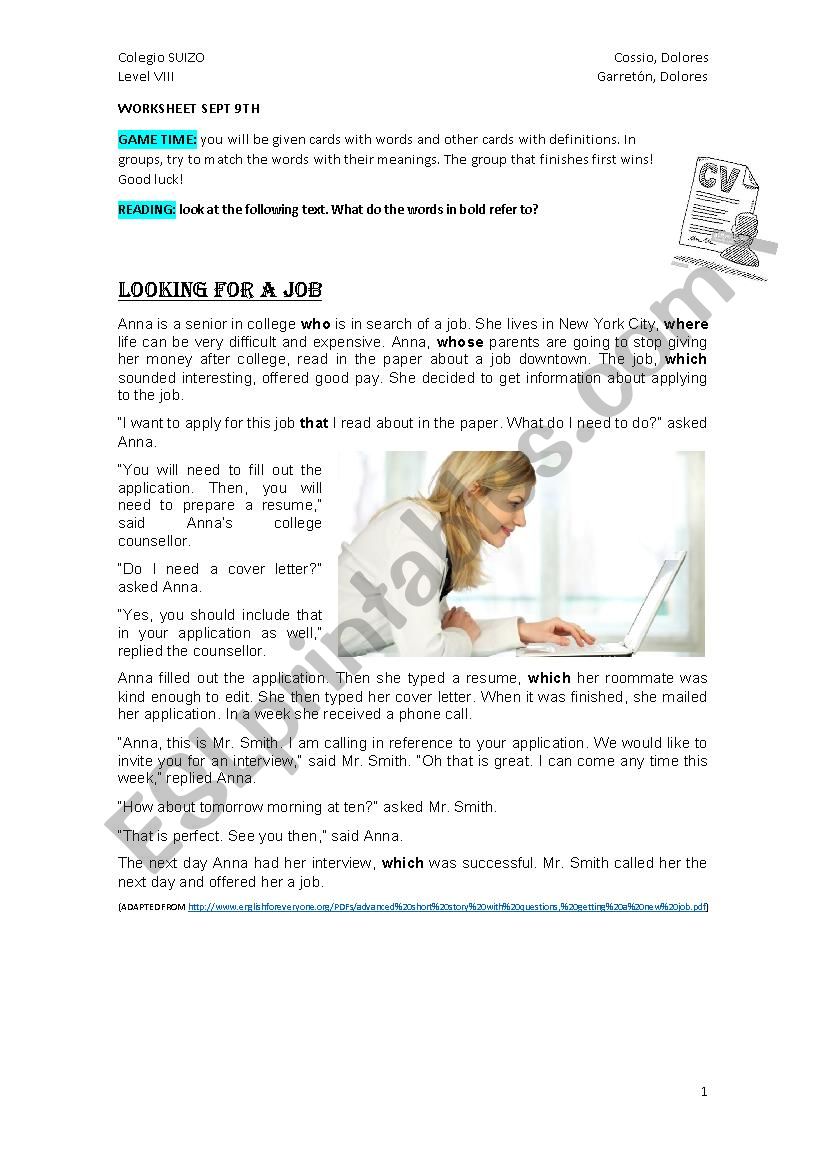 Reading - Job Market worksheet