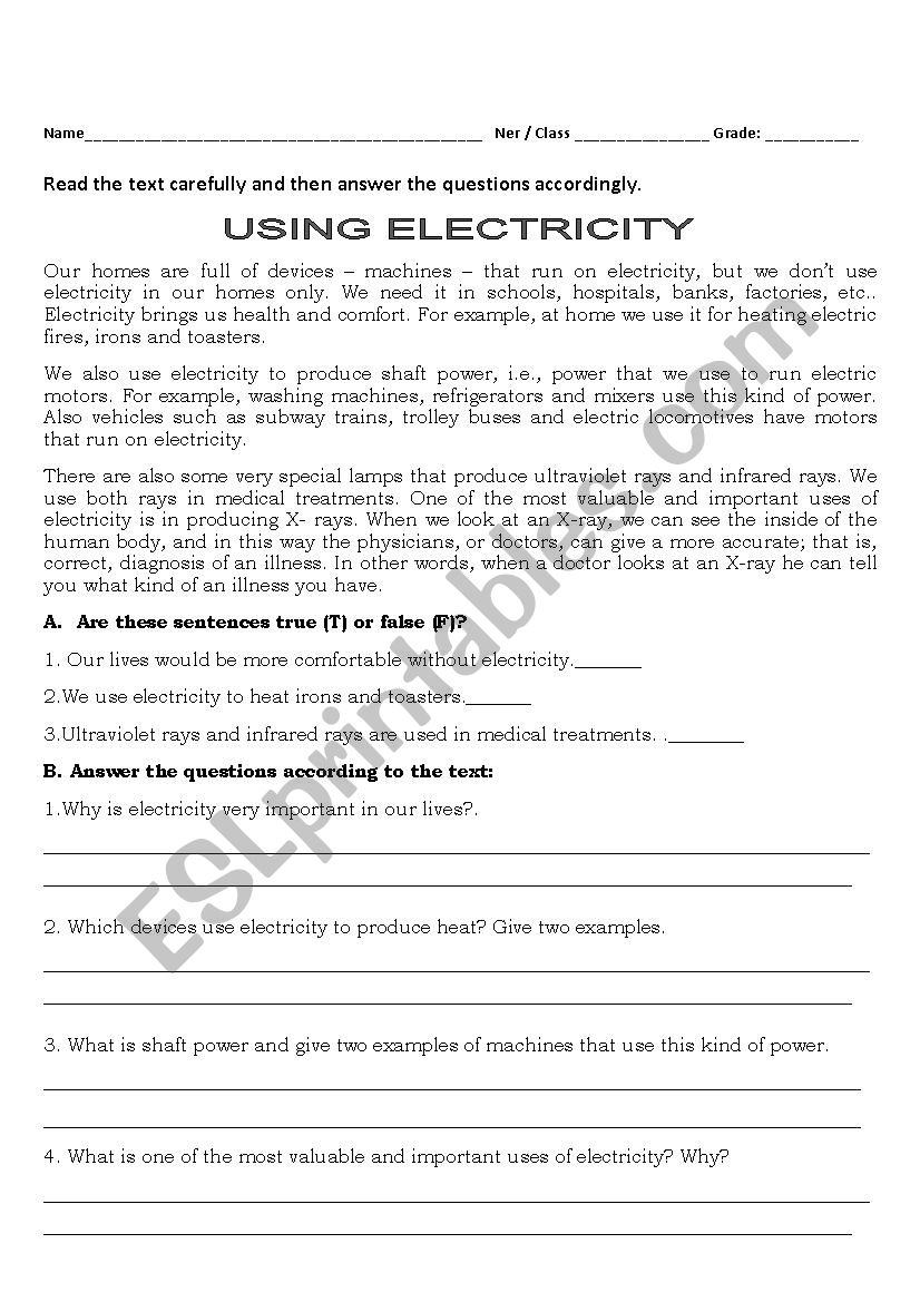 Electricity Today worksheet