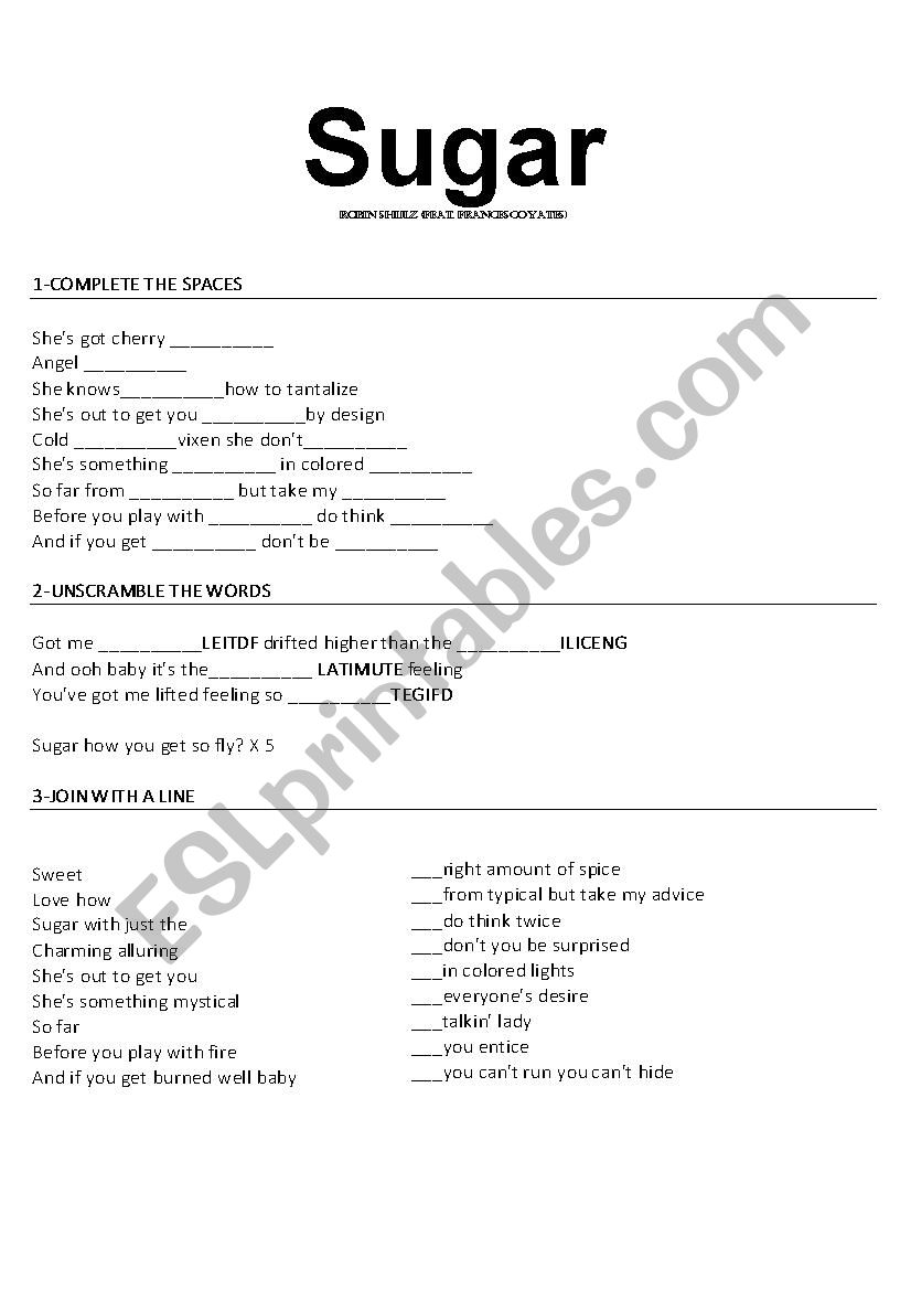 Sugar - Robin Shulz worksheet