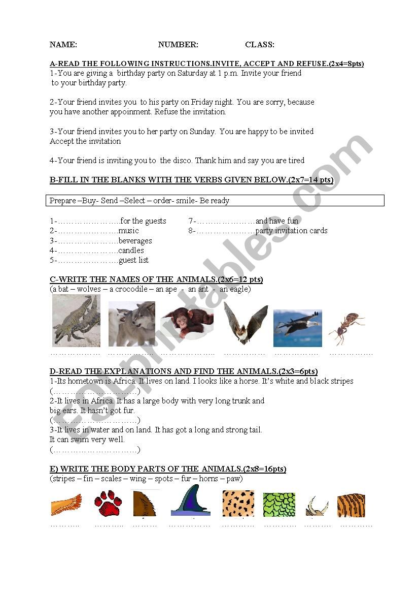 a quiz on invitations and body parts pf animals - ESL worksheet by irmakk