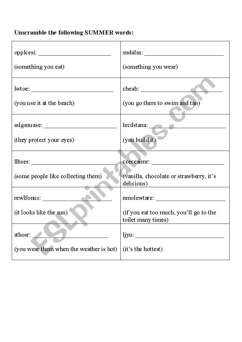 Summer vocabulary worksheet