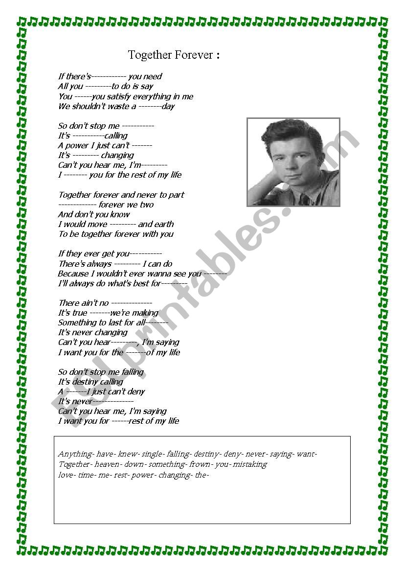 Listening Worksheets Rick Astley Together Forever Esl Worksheet By Lovedogs