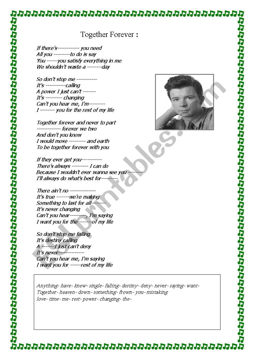 LISTENING WORKSHEETS, RICK ASTLEY, TOGETHER FOREVER.