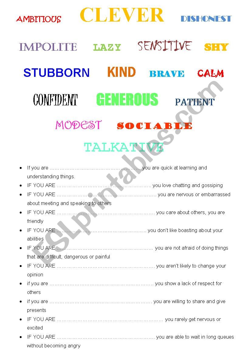 PERSONALITY adjectives, describing, matching, definitions, people