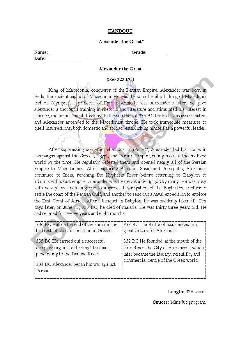 English worksheets: Alexander the great In Alexander The Great Worksheet
