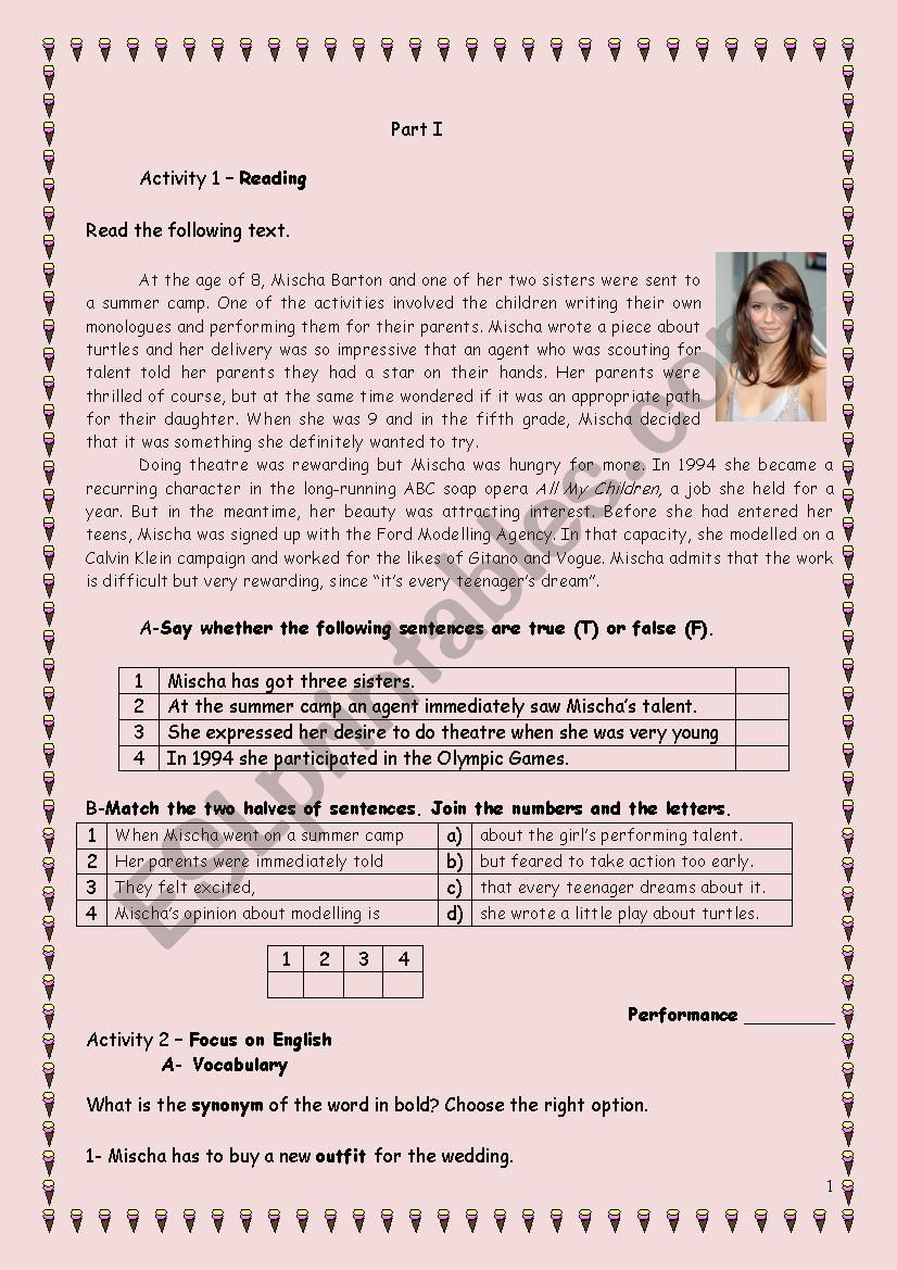 Diagnostic test Mischa Barton worksheet