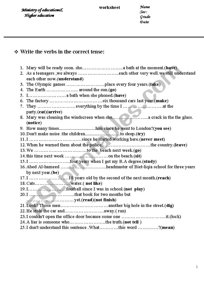 tenses worksheet worksheet