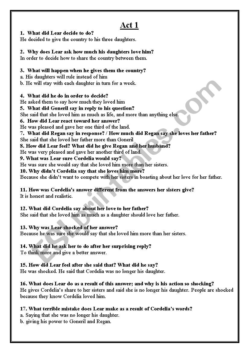 king lear  worksheet