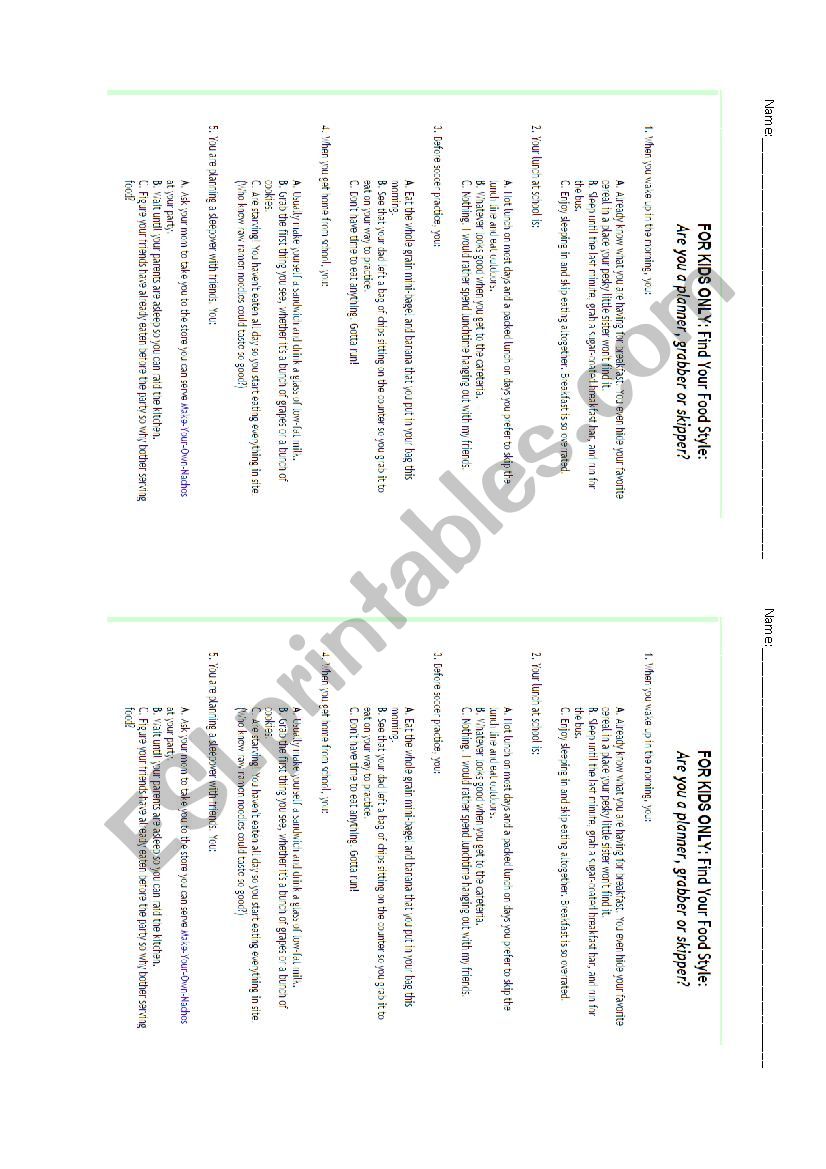 SURVEY OF NUTRITION worksheet