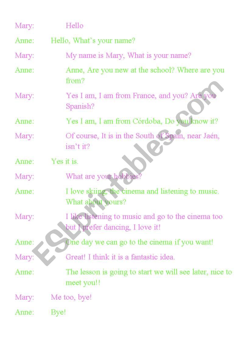 dialogue about classmates worksheet