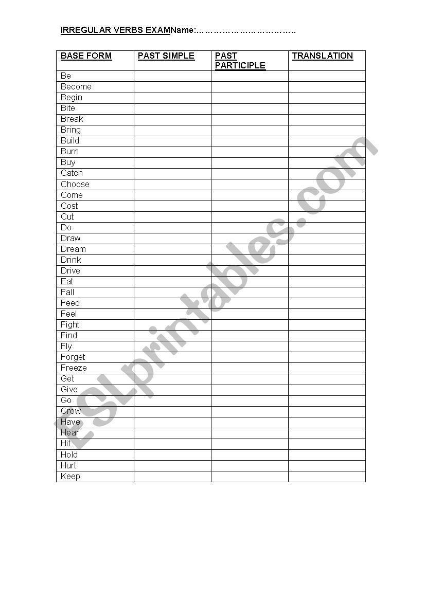 irregular verbs exam worksheet