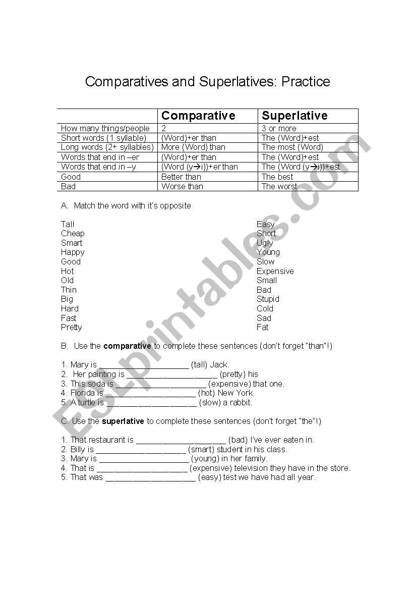 Comparatives and Superlatives worksheet