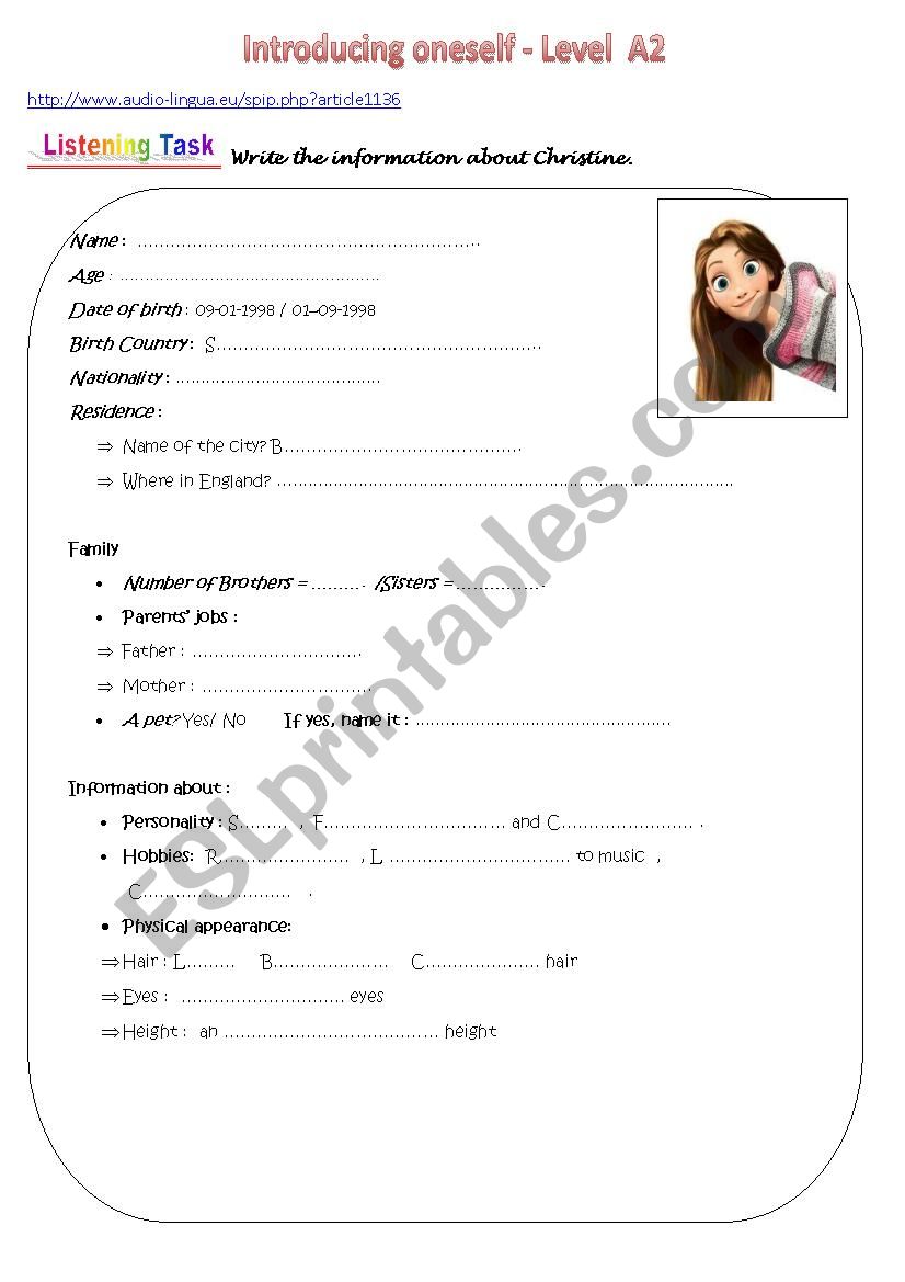 Introducing oneself -  listening task (3 levels in 1 Ws)