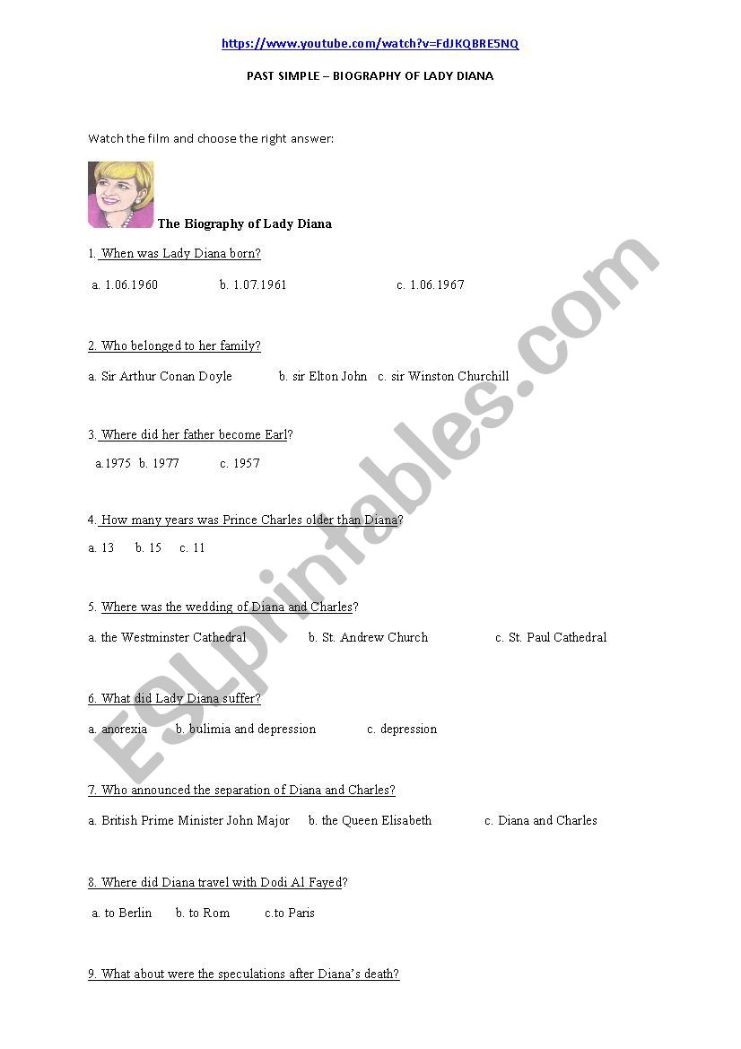 The biography of Lady Diana worksheet
