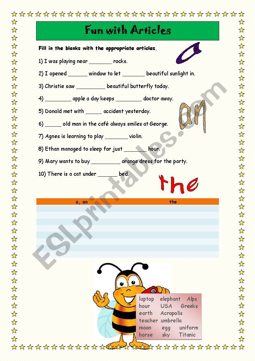 ARTICLES worksheet